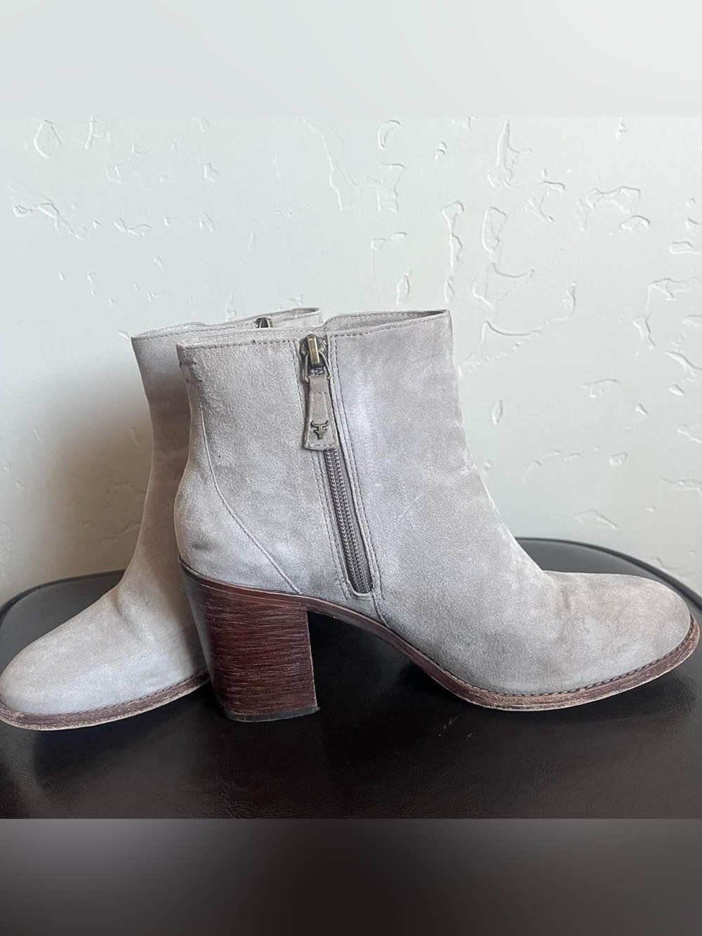 Trask light grey suede and wood heeled zip up ankle boots